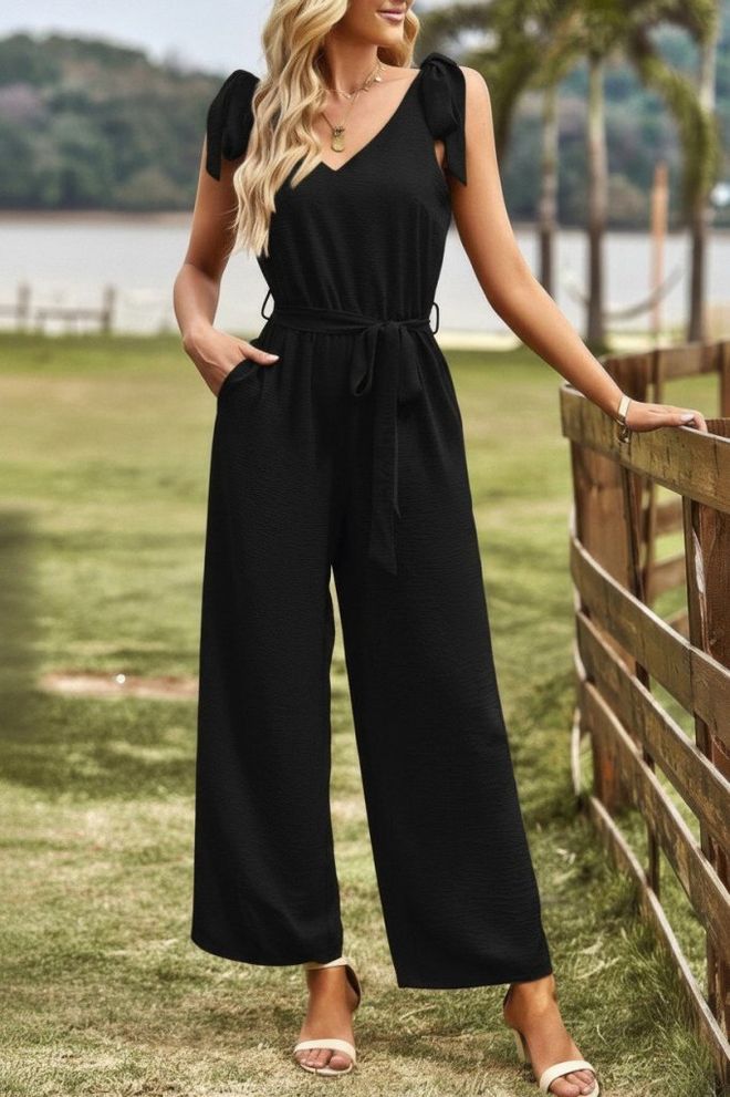 Janes Schwarzer Ärmelloser Lässiger Eleganter Jumpsuit Mit Puffärmeln Großhandelskleidung Lässig