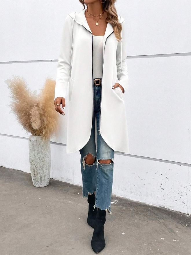 Janes Бяло Яке С Качулка И Цип Дрехи на едро 1