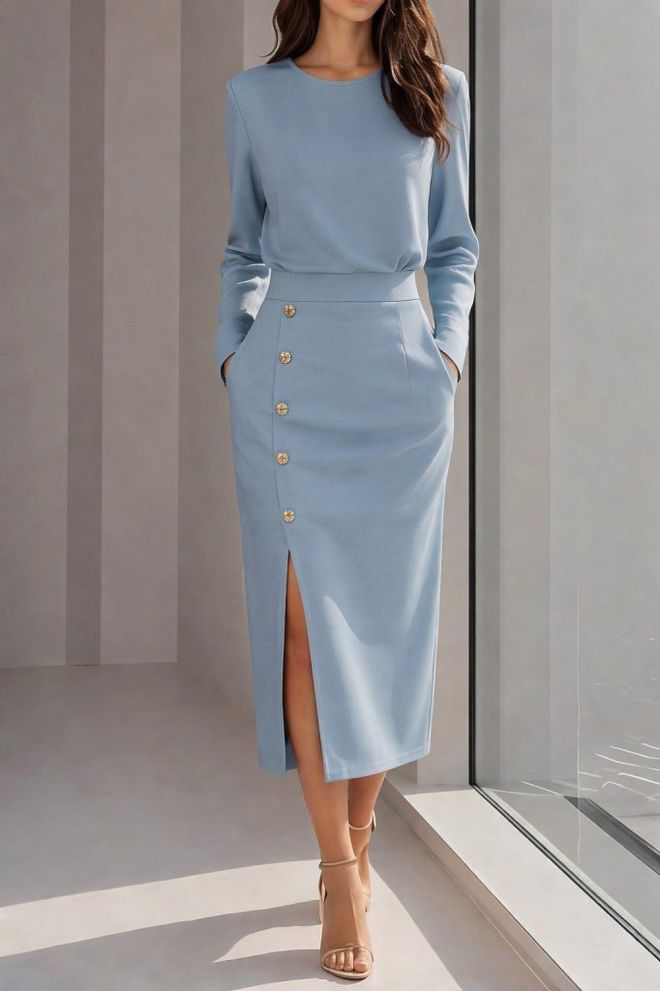 Janes Rochie Albastră Elegantă Formală Tip Sheath Lungime Midi Îmbrăcăminte cu ridicata Primăvară