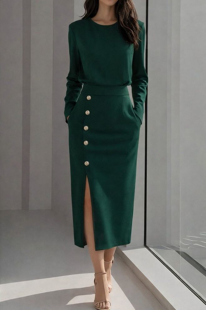 Janes Vestido Elegante Verde Bainha Com Mangas Compridas Roupas por atacado Primavera