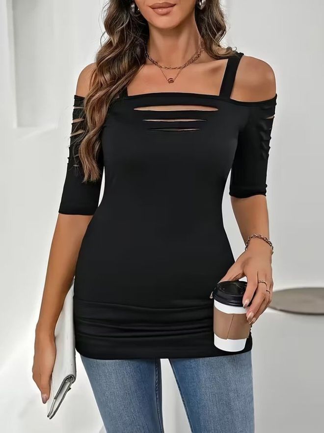 Janes Czarna Dopasowana Bluzka Z Kwadratowym Dekoltem I Rękawem 3/4 Hurtowa sprzedaż odzieży Casual