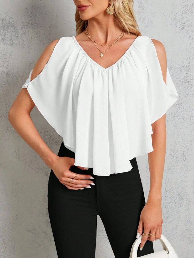 Janes Biała Bluzka Z Dekoltem W Serek I Rozciętymi Półrękawami Hurtowa sprzedaż odzieży Casual