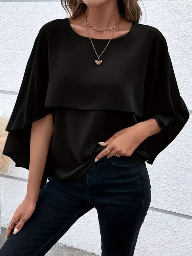 Janes Zwart Blouse Elegant Formeel Casual 3/4 Cape Mouw Groothandel Kleding Casual