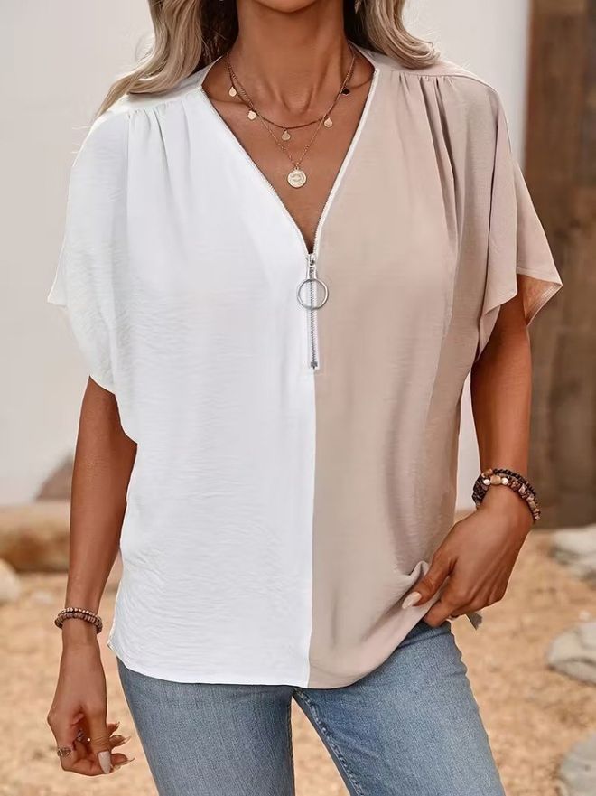 Janes Biała Bluzka Z Blokiem Kolorów I Dekoltem W V Hurtowa sprzedaż odzieży Casual