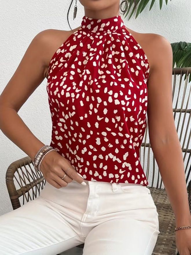 Janes Κόκκινη Αμάνικη Μπλούζα Με Ψηλό Λαιμό Και Πολύ Κοντά Μανίκια Χονδρικό εμπόριο ενδυμάτων Casual