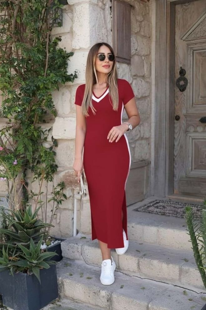 Janes Vestido Bodycon Rojo Clarete Con Escote En V Y Largo Midi Ropa al por mayor Casual