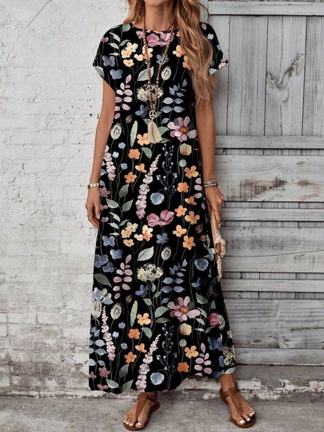 Janes Vestito Nero Boho Floreale Dritto Abbigliamento all'ingrosso Casuale