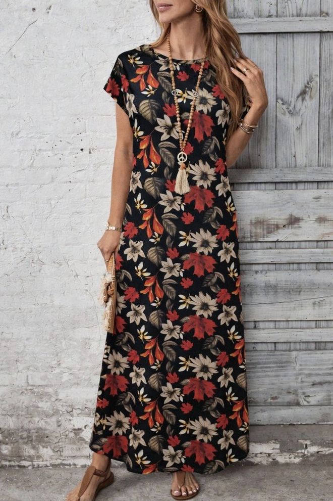 Janes Vestito Shift Nero A Fiori Con Maniche Corte Abbigliamento all'ingrosso Casuale