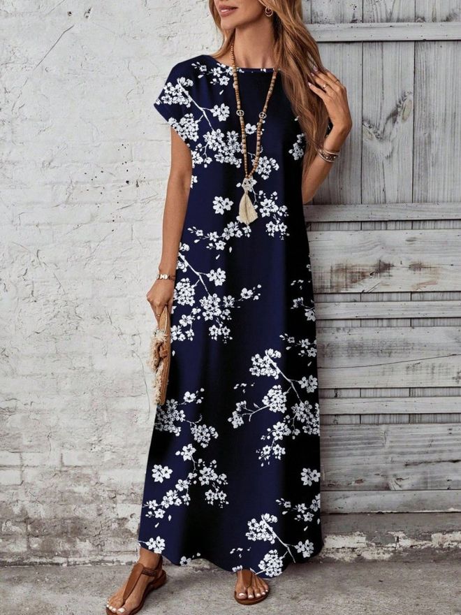 Janes Vestido Azul marinho A Line Maxi Com Estampa Floral Roupas por atacado Casual