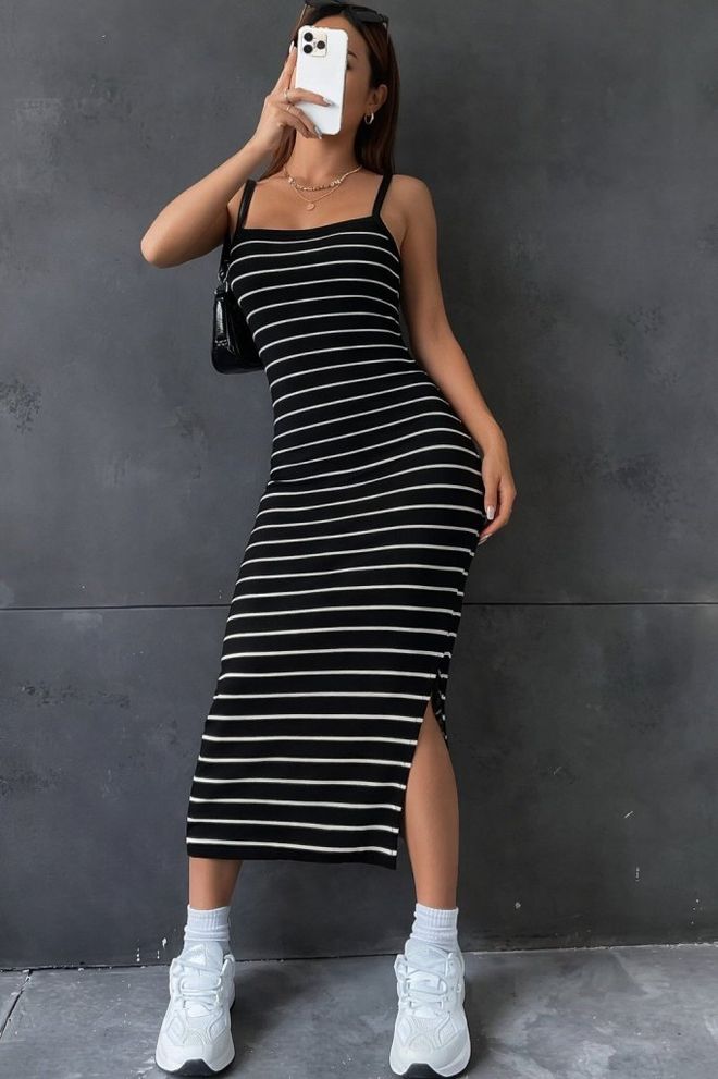Janes Черное Полосатое Платье slip Без Рукавов Оптовая продажа одежды Повседневный