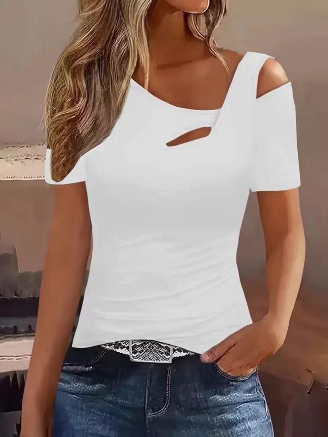Janes Biała Dopasowana Bluzka Dekolt Odsłaniający Jedno Ramię Hurtowa sprzedaż odzieży Casual