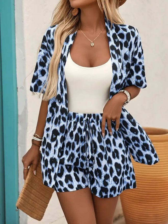 Janes Blue Casual Animal Print Half Sleeve Suit Wholesale Clothing 1