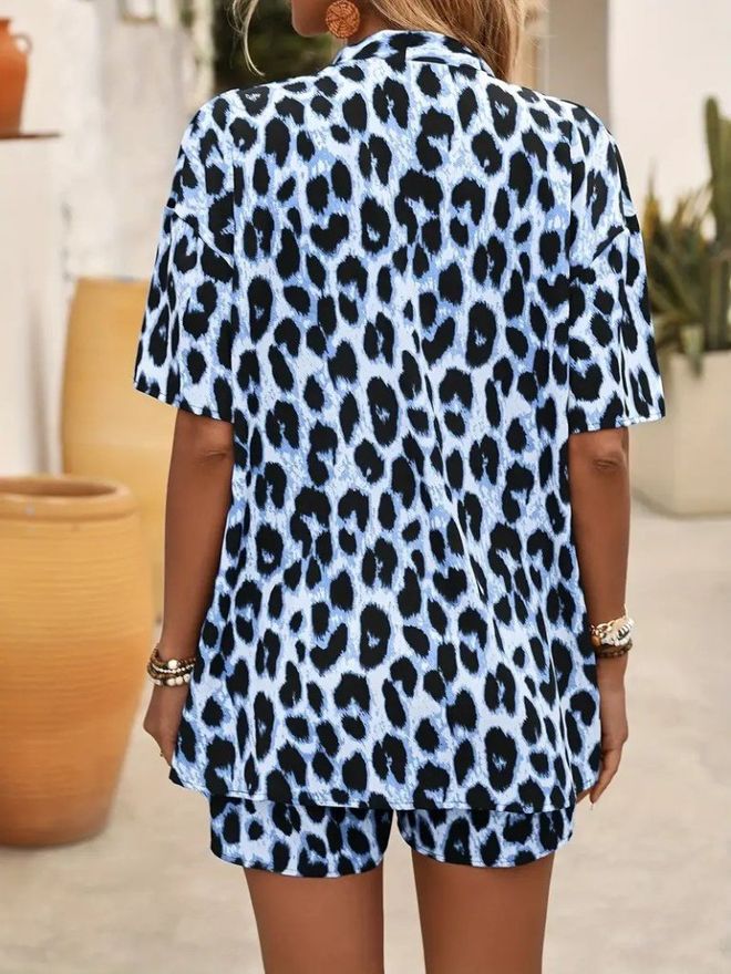 Janes Blue Casual Animal Print Half Sleeve Suit Wholesale Clothing Spring