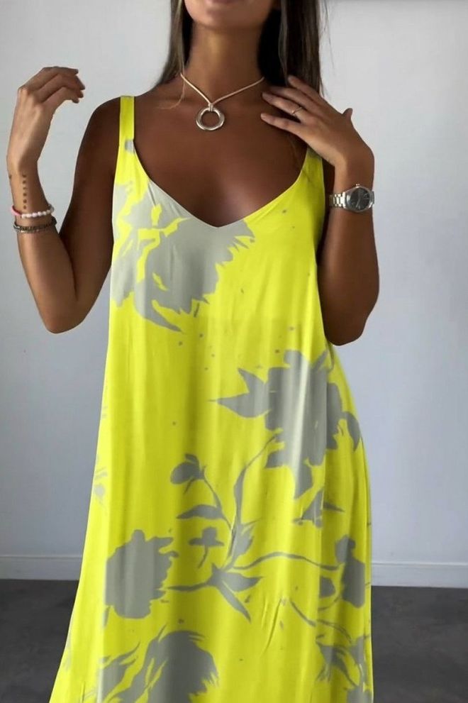 Janes Желтое Цветочное Макси Платье сорочка С V образным Вырезом Оптовая продажа одежды Повседневный