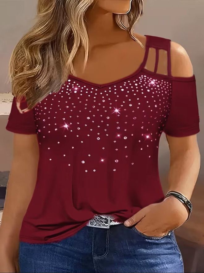 Janes Blusa Vermelho Clarete Com Decote Em V E Lantejoulas Roupas por atacado Casual