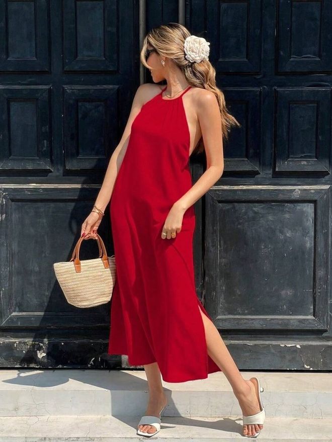 Janes Красное Элегантное Платье Слип С Воротником халтер И Рукавами «кэп» Оптовая продажа одежды Повседневный