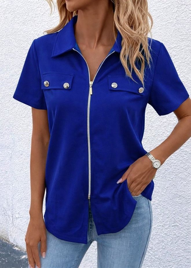 Janes Синяя Блузка С Зубчатым Вырезом И Короткими Рукавами Blue Blouse With Notched Neck And Short Sleeves Оптовая продажа одежды Повседневный