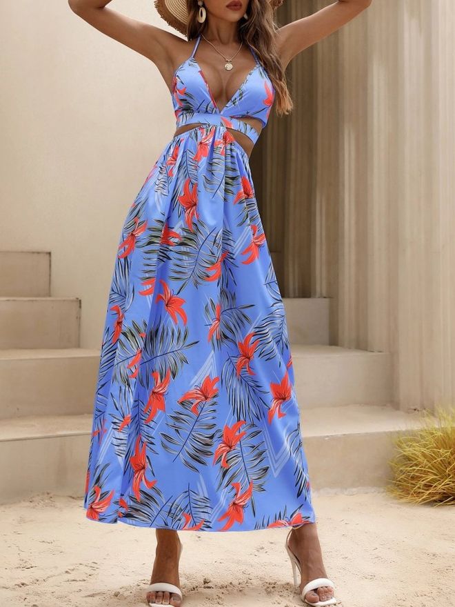 Janes Niebieska Kwiatowa Sukienka Maxi Z Dekoltem Halter I Rozcięciem Hurtowa sprzedaż odzieży 5