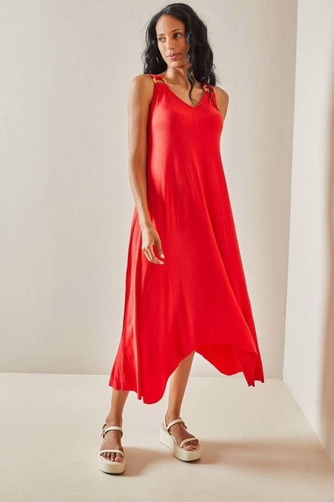 Janes Raudona Fit And Flare Midi Su V Formos Iškirpte Ir Kapšelio Rankovėmis Didmeninė prekyba drabužiais Kokteilinė