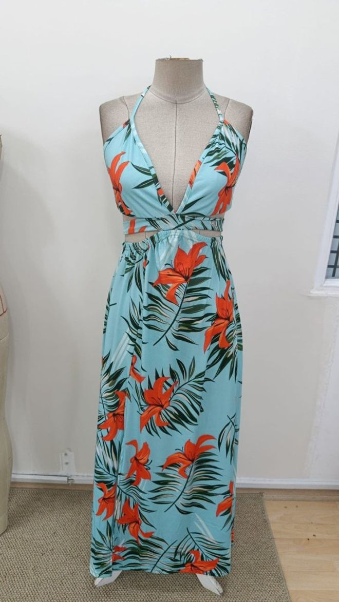 Janes Niebieska Kwiatowa Maxi Sukienka Bez Rękawów Slip Hurtowa sprzedaż odzieży 5