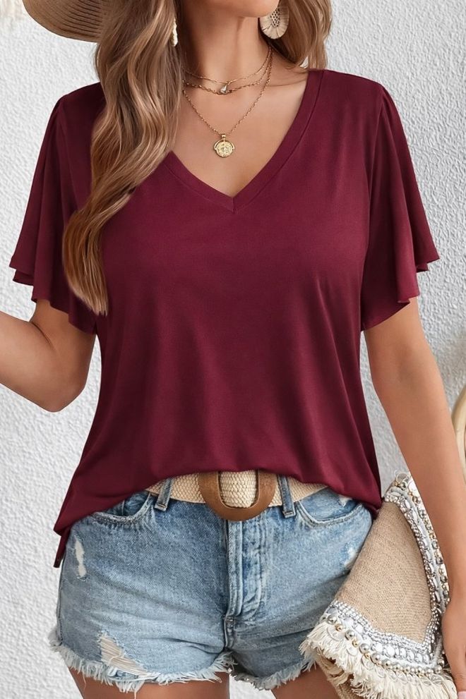 Janes Bordo Bluz Volanlı Kollu Toptan Giyim Gündelik