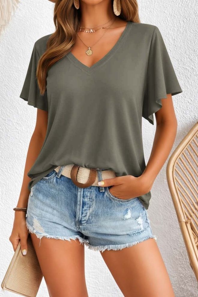 Janes Haki Gündelik Bluz V Yakalı Ve Volanlı Kollu Toptan Giyim Gündelik