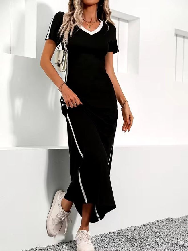 Janes Siyah V Yaka Fit & Düz Elbise Kısa Kollu Toptan Giyim Gündelik