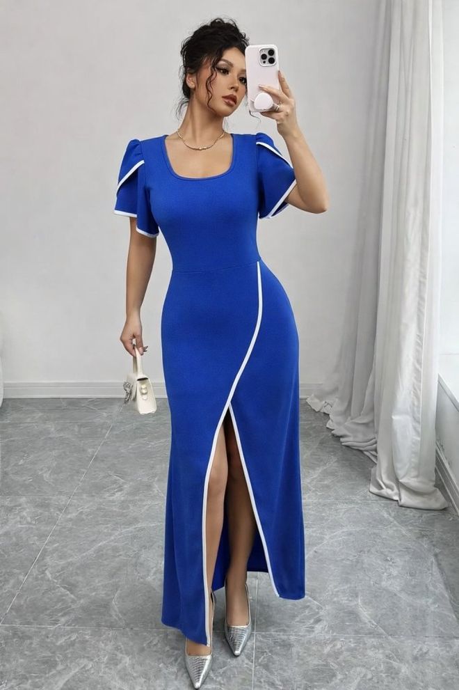 Janes Mavi Zarif Fit & Flare Elbise Toptan Giyim Seksi