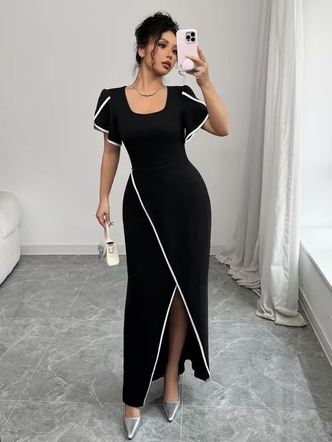 Janes Zarif Siyah Fırfırlı Kollu Ve Yer Hizasında Elbise Toptan Giyim Seksi