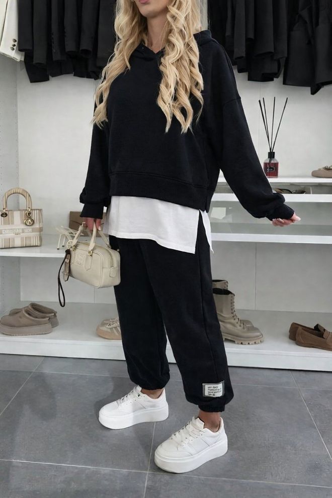 Janes Siyah Gündelik Spor Giyim Sokak Tarzı Set Toptan Giyim Tesettür