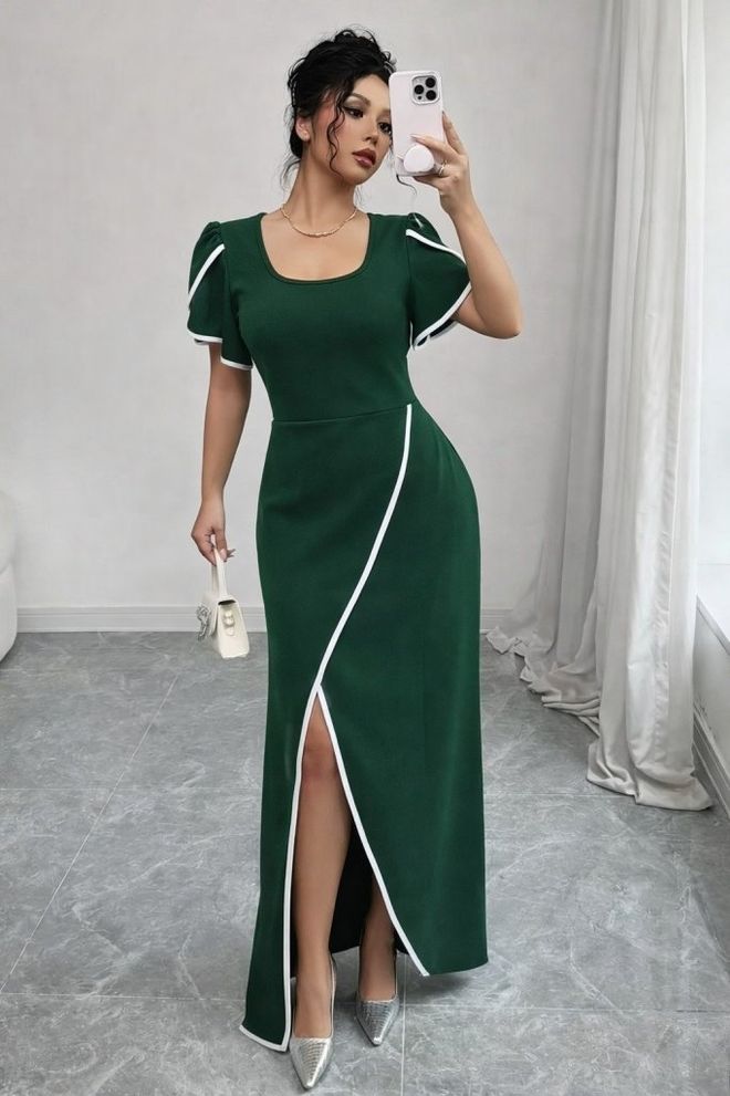 Janes Zarif Yeşil Fit & Düz Elbise İle Fırfırlı Kollaru Toptan Giyim Seksi