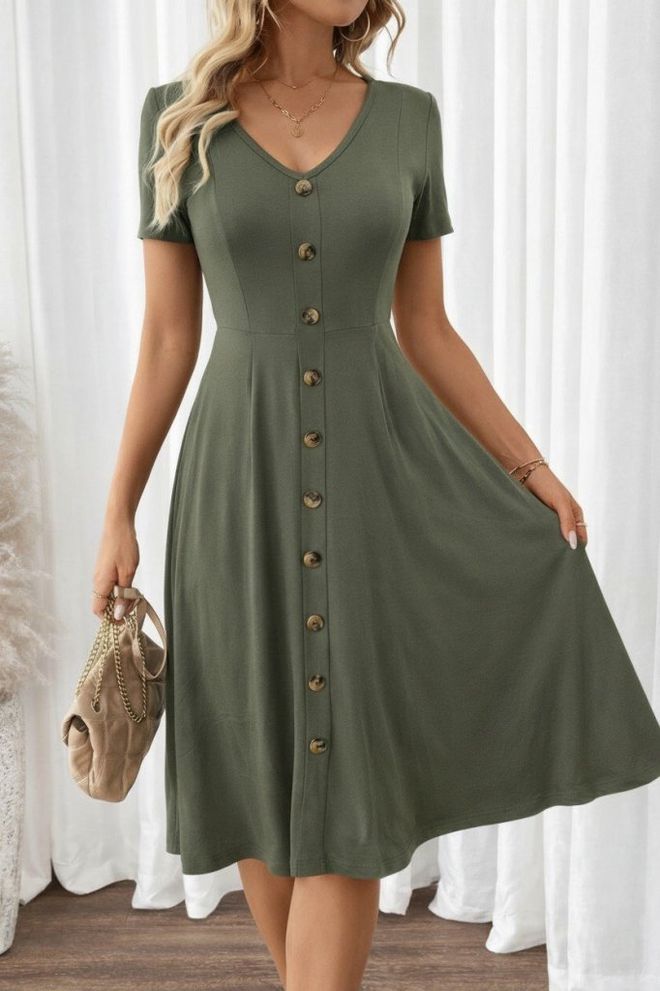 Janes Vestido Verde Línea A Midi Con Escote En V Y Mangas Cortas Ropa al por mayor Casual