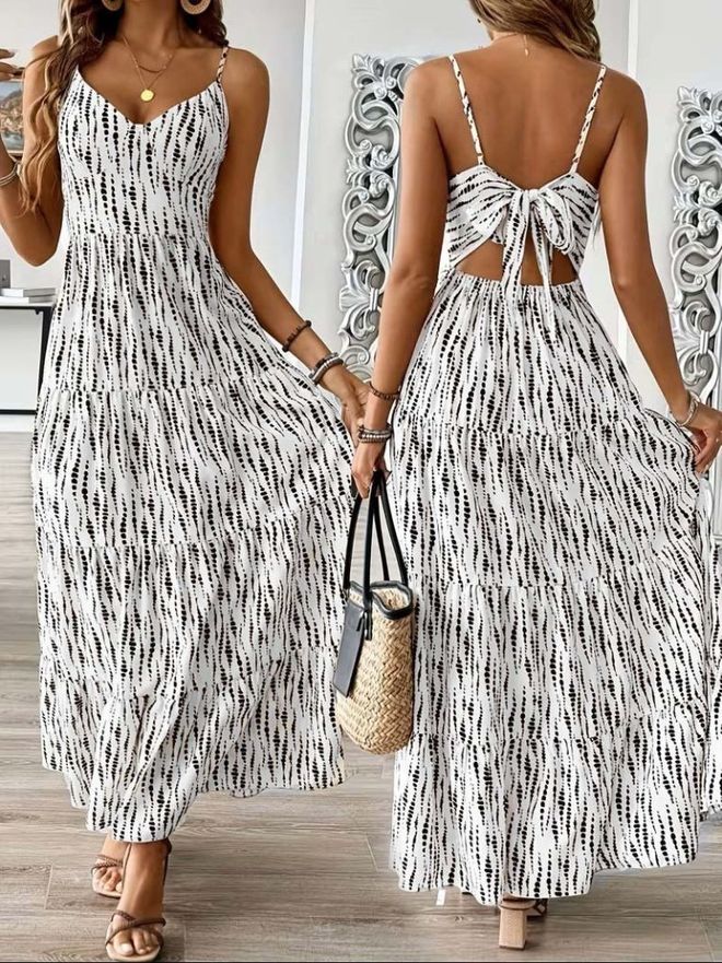 Janes Bijela Geometrijska Maxi Ležerni Boho Haljina Cami V izrez Veleprodaja odjeće Ležerni