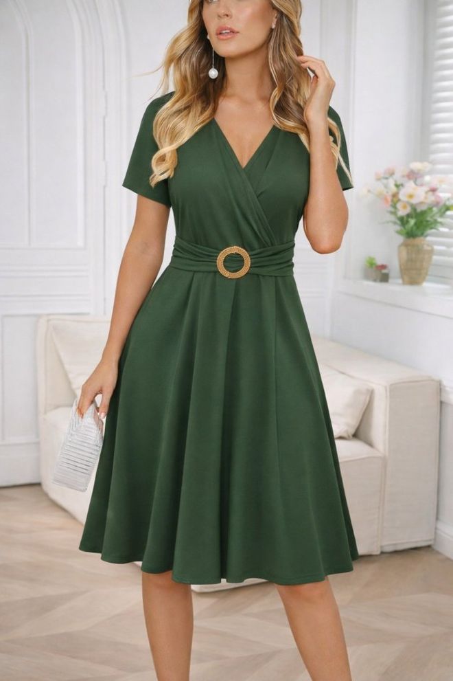 Janes Robe Portefeuille Verte Avec Col En V Et Manches Courtes Vêtements en gros Décontracté