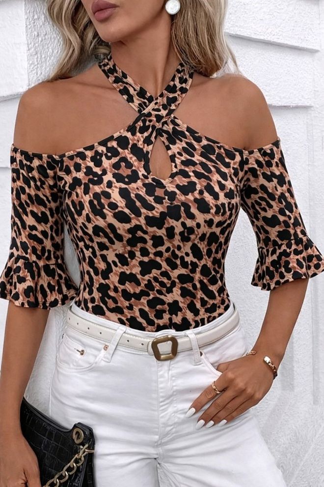 Janes Brown Leopard Print Fitted Blouse With Ruffle Sleeves Wholesale Clothing Casual