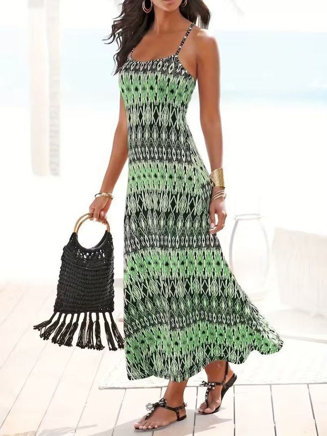 Janes Zelena Boho Ležerna Slip Haljina S Geometrijskim Uzorkom Veleprodaja odjeće Ležerni