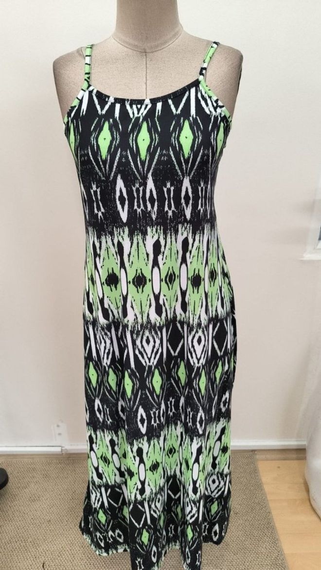 Janes فستان أخضر بوهو كاجوال انزلاقي بنمط هندسي ملابس بالجملة بوهو