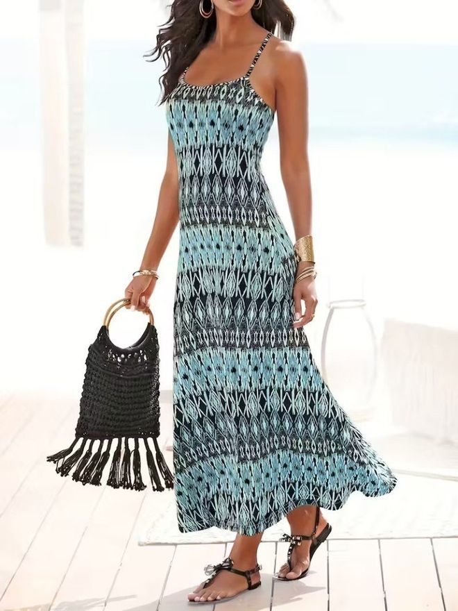 Janes Women's V Neck Long Patterned Suprem Dress With Rope Strap Blue Wholesale Clothing 0