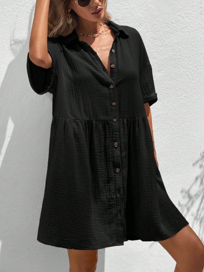 Janes Черное Мини Платье рубашка С Зубчатым Вырезом И Полурукавами Оптовая продажа одежды Скромный
