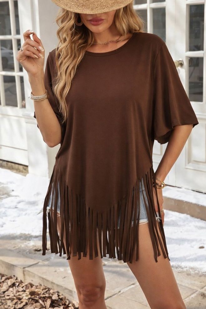 Janes Kahverengi Oversize Casual Boho Bluz Toptan Giyim Gündelik