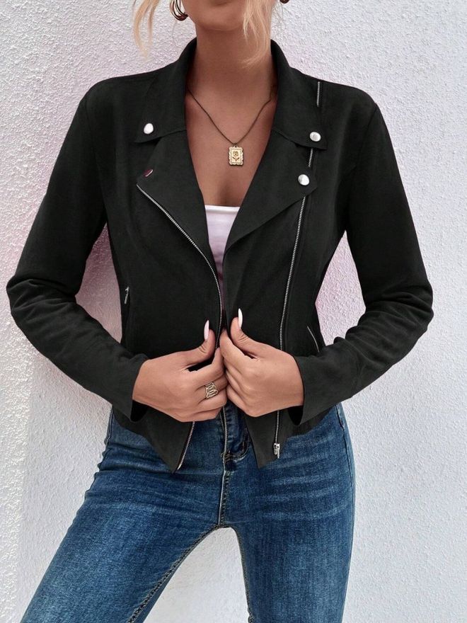 Janes Jaqueta De Motoqueiro Preta Com Colar Entalhado Roupas por atacado Casual