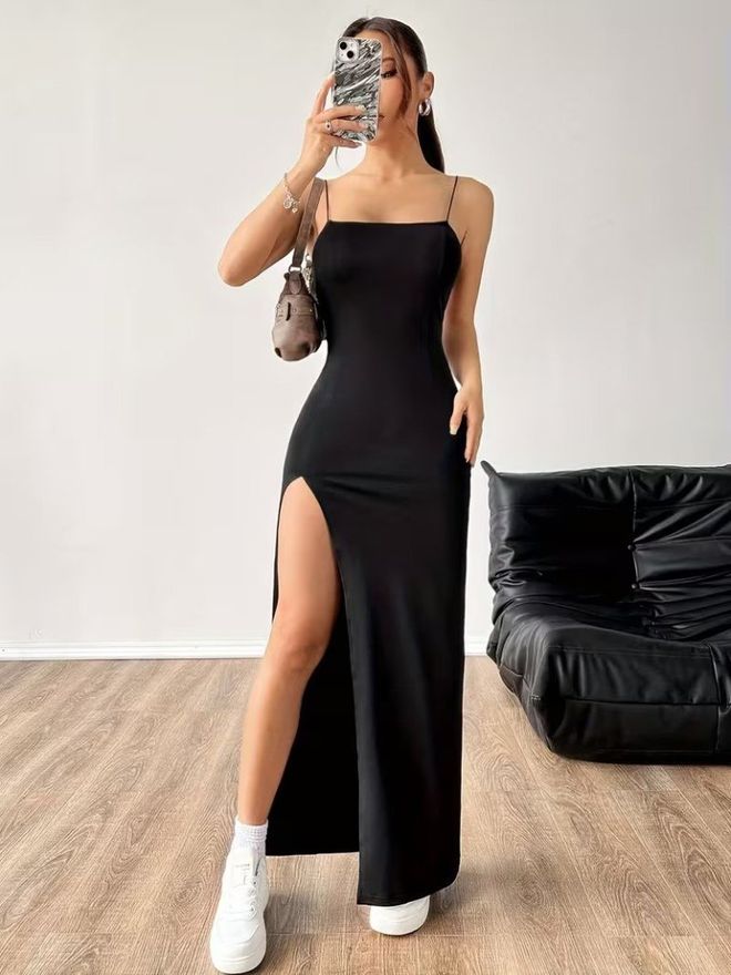 Janes Vestido Negro Sexy Elegante Formal Casual Glam Slip Ropa al por mayor Casual