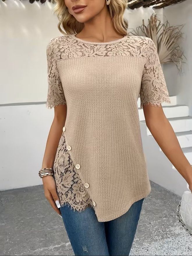 Janes Chemisier Beige À Manches Mi longues Et Col Rond Vêtements en gros Décontracté