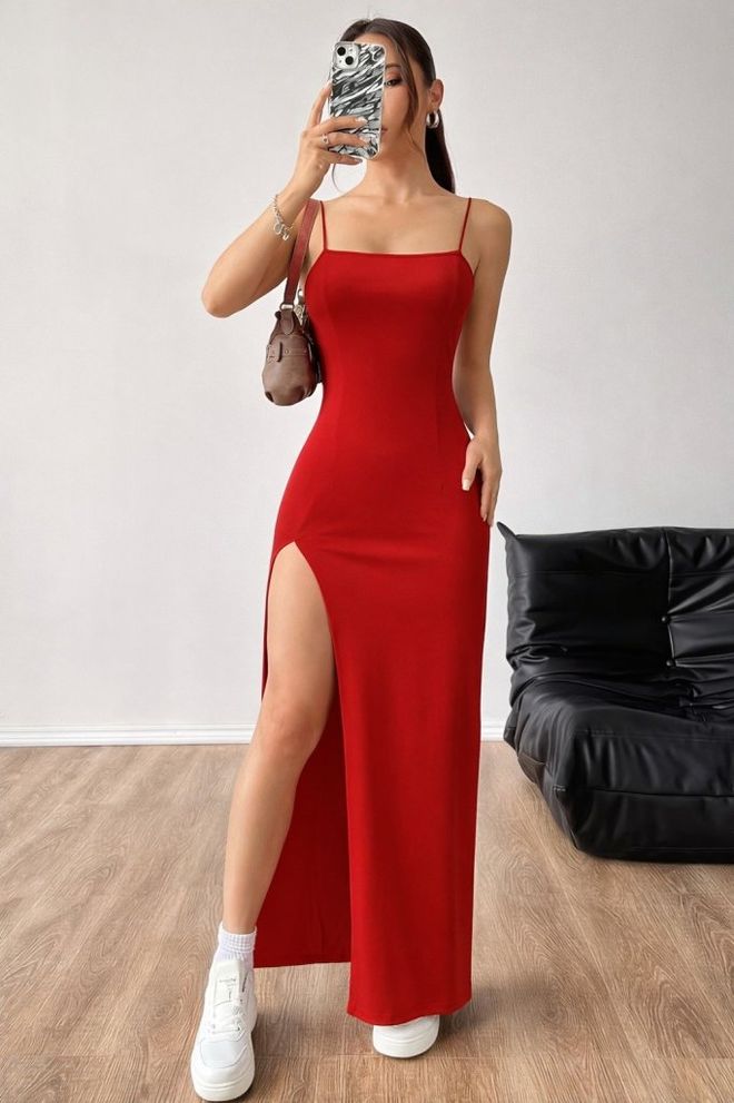 Janes Vestito Rosso Sexy Elegante Sottoveste Con Collo Quadrato Abbigliamento all'ingrosso Casuale