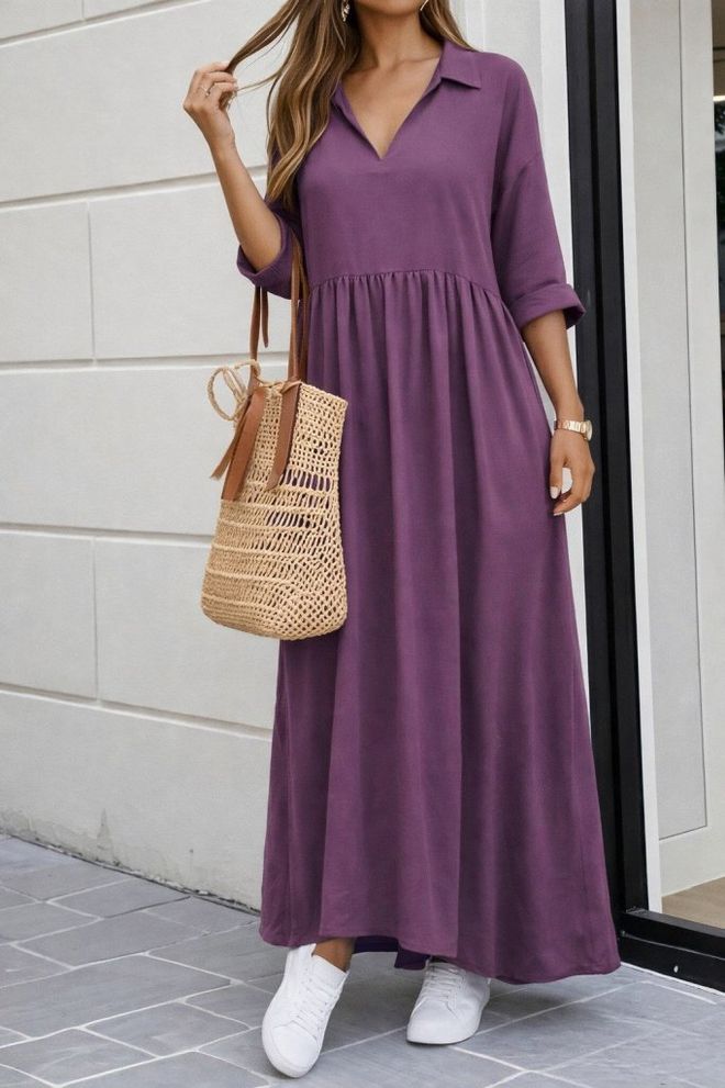 Janes Vijolična Elegantna Obleka Smock Z Zarezanim Vratom In 3/4 Rokavi Oblačila na debelo Skromno