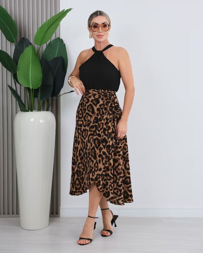 Janes Jupe Portefeuille Midi Brun À Motif Animalier Vêtements en gros Décontracté