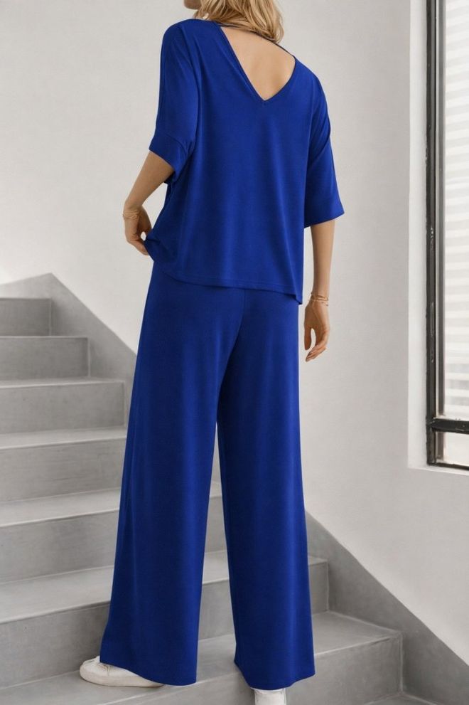 Janes Blauwe Casual Bescheiden Set Met Palazzo Broek Groothandel Kleding Strand