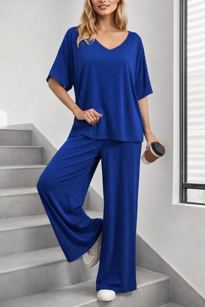 Janes Blauwe Casual Bescheiden Set Met Palazzo Broek Groothandel Kleding 1