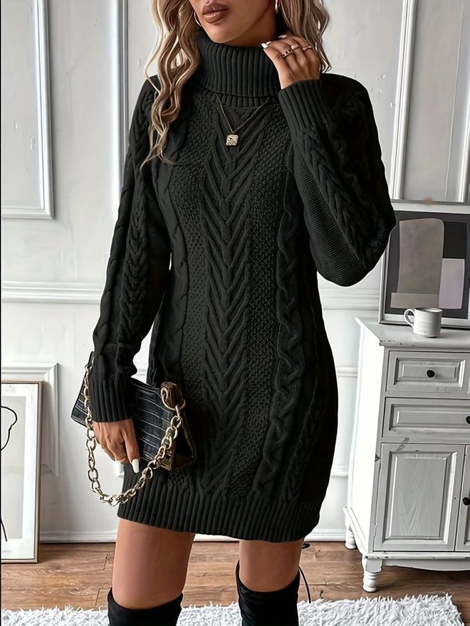 Janes Black Mini Sweater Dress With Turtle Neck Wholesale Clothing Modest