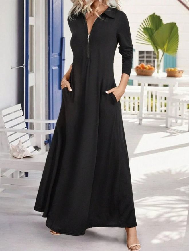Janes Black A Line Dress With Polo Neck And Long Sleeves Wholesale Clothing Modest